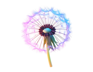 Colorful, glowing dandelion head with stem, isolated on black
