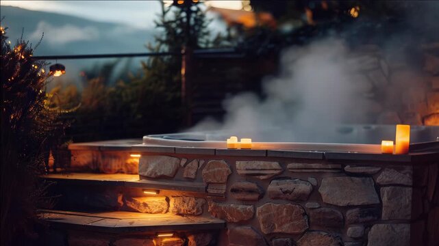 Soothing evening setting by a mountain with a hot tub in a stone deck, lit by candles.