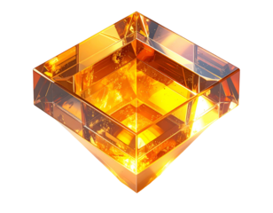 Isometric transparent golden cube, glowing inside with warm light