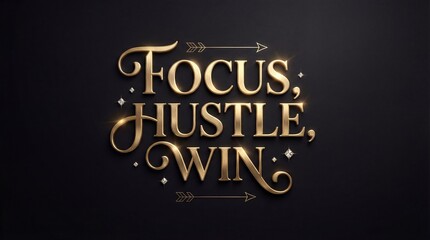 Obraz premium Inspirational golden text quote focus hustle win in elegant, glowing typography against a dark, luxurious background, symbolizing motivation and success