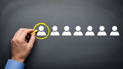 Hand Selecting One Person Icon from a Row of Many on a Dark Background.