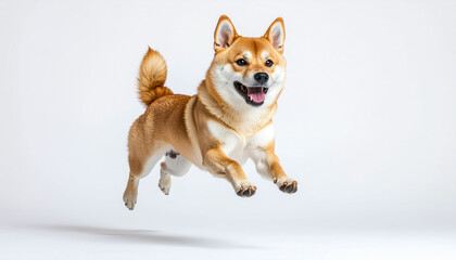 Happy Shiba Inu Dog Running and Jumping Isolated on White Background