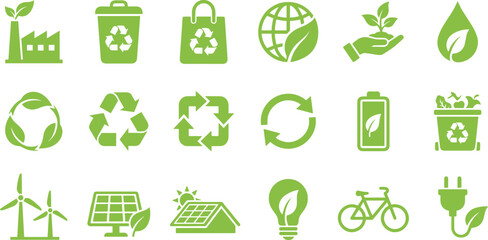 Green eco sustainability icons set, recycling renewable energy, solar wind power, clean technology, environmental protection, eco friendly lifestyle, flat vector design