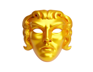 Golden mask with classical features, dark background, reflective