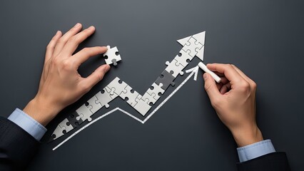 Businessman completing puzzle arrow on dark background representing business growth and strategy.
