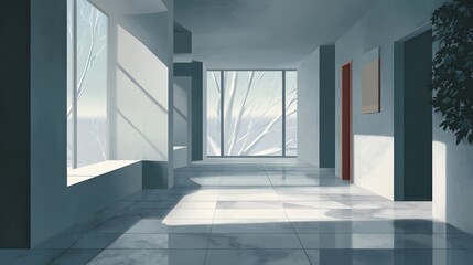 Fototapeta premium Warm Golden Hour Sunlight Streaming into a Cozy Minimalist Living Room