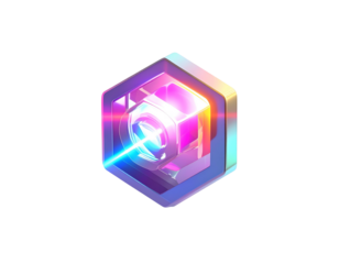 Geometric, iridescent, glowing object, cube within a hexagon, black background