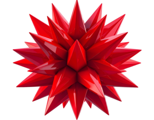 A vibrant, glossy red geometric starburst against a stark black backdrop