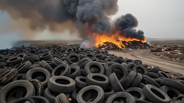 Environmental disaster with burning tires and pollution, showcasing the impact of waste management on ecosystems