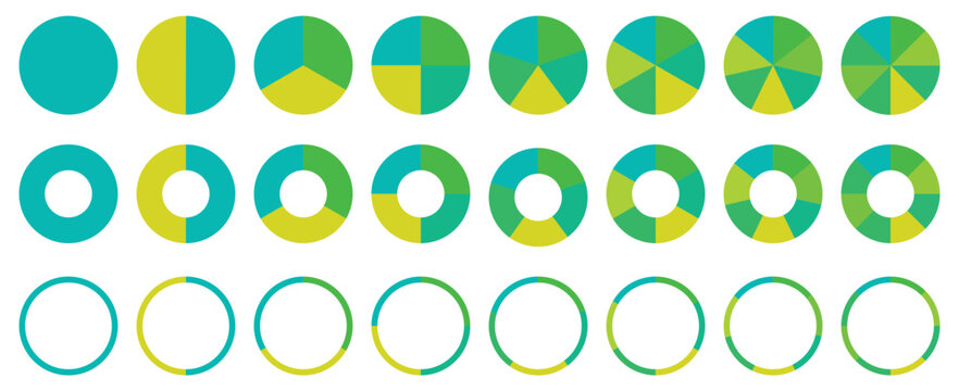Pie chart color icons. Segment slice sign. Circle section graph. 1,2,3,4,5,6,7,8 segment infographic.  UI, web design, business presentation. Vector illustration.