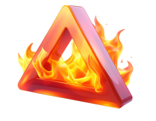 A glossy, red triangle enveloped in vibrant orange and yellow flames
