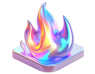 Iridescent stylized flame sculpture atop a metallic square base