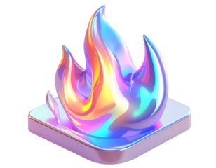 Iridescent stylized flame sculpture atop a metallic square base