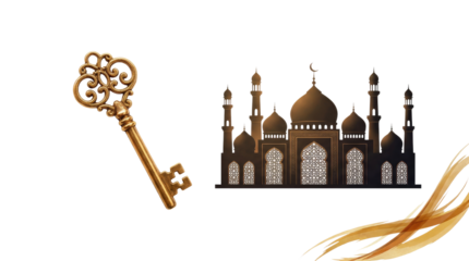 An ornate golden key and a silhouette of the taj mahal building with orange swirls on a white background studio shot on white and transparent