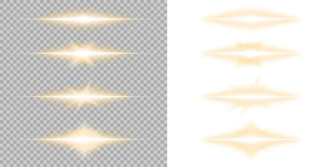 Set of horizontal glowing light streaks and lens flare effects isolated on transparent background. Perfect for overlays, motion graphics, sci-fi visuals, and modern design projects.