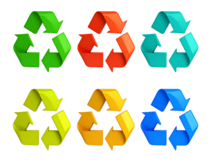 Six colorful, three-arrow looping symbols arranged in a grid