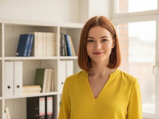 Smiling businesswoman standing in office with bookshelf and window