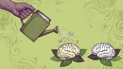 Artistic illustration depicts a hand using a book-shaped watering can to nourish a growing brain with knowledge and learning concepts represented by tiny falling books.