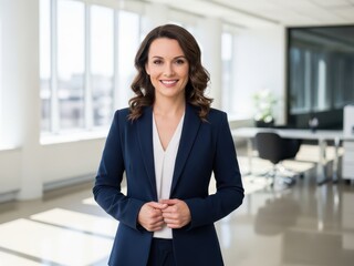 Smiling businesswoman in blue blazer standing in modern office interior with white walls and shiny floor looking at camera
