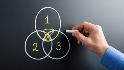 Hand drawing a Venn diagram with numbers 1, 2, and 3 on a blackboard.