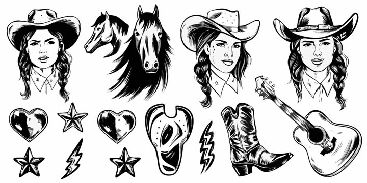 Vintage western illustrations cowgirls horses boots hearts and musical instruments