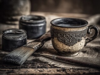 Ceramic Mug with Paintbrushes on Wooden Table