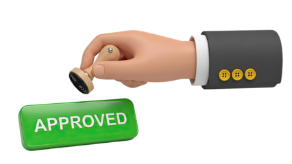 Hand stamping the word "APPROVED" on a green button