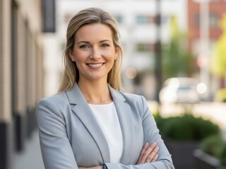 Smiling businesswoman with arms crossed standing outside office building on a sunny day with blurred background
