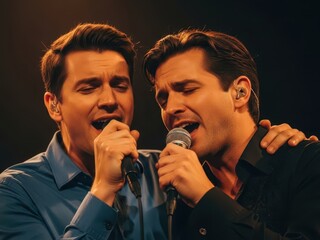 Two men singing into microphones on a stage with a dark background