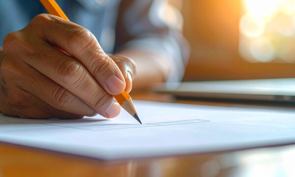 Close-up of a hand sketching with a yellow pencil on white paper