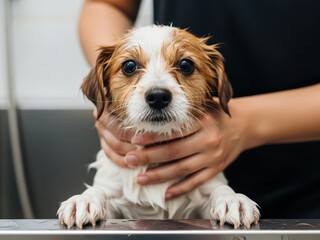 A small brown and white dog sitting on a table being held by a person