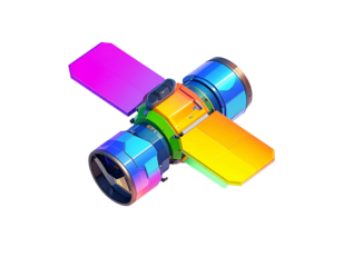 Isometric illustration of a colorful orbital telescope