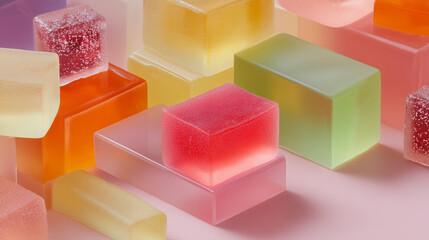 Minimal abstract background made of translucent gummy jelly shapes, smooth agar agar texture, soft pastel color palette