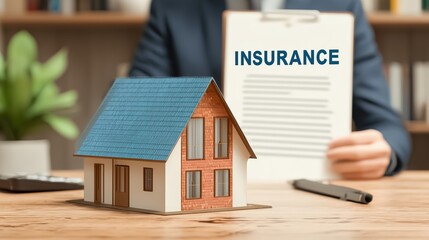 Homeowner's insurance policy document held by professional, with house model on desk