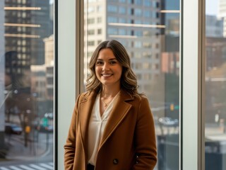 Smiling young businesswoman standing in front of large city office window with urban view