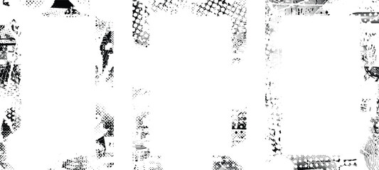 Fototapeta premium Grunge mask overlay set. Border frame clipping mask collection for trendy cyber punk posters . Glitched layer ,grunge textured, distressed effect .Vector halftone dots screen print texture.