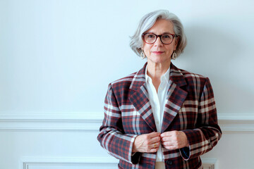 Portrait of senior Caucasian woman with gray hair and glasses standing against plain wall, holding jacket lapels, looking confidently into camera, wearing earrings