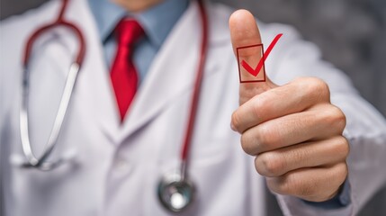 Doctor giving thumbs up with a checkmark on thumb, signifying approval and success
