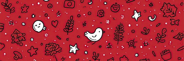 Decorative pattern featuring drawn elements on red background design