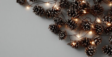 Decorative pine cones with string lights against neutral background