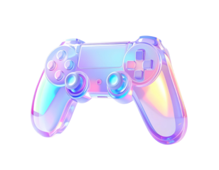 A 3D rendered iridescent gaming controller on a black background