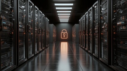 Secure data center with glowing padlock symbol and rows of server racks