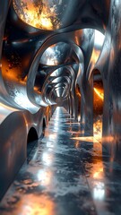 Futuristic metallic corridor with archways reflecting fiery light