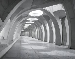 A light-filled, modern corridor featuring arching structural supports