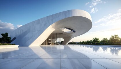 Modern, sleek concrete building with curved facade and large windows