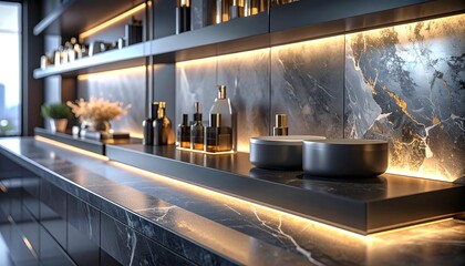 Modern bathroom counter with illuminated backsplash, shelves, decor