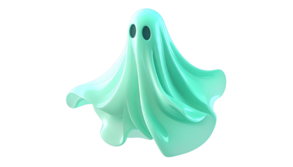 A glossy, teal-colored ghost illustration against a stark black backdrop