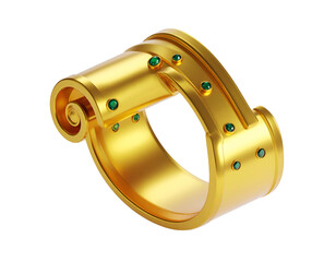 Ornate gold ring with emerald accents, spiraled design, isolated on black