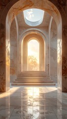 Marble arches lead to a bright, sunlit view of a distant tree