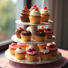 Assorted cupcakes on a tiered stand